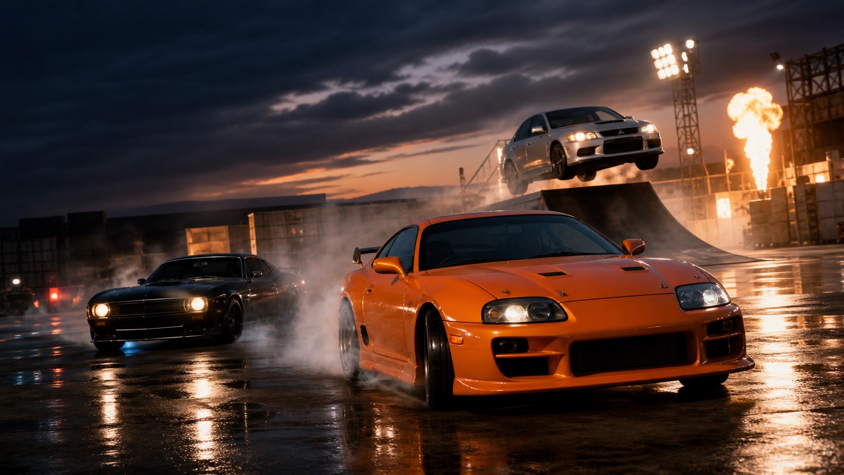 Three performance cars executing a cinematic stunt show